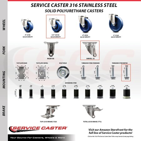 Service Caster 3.5 Inch 316SS Solid Polyurethane Wheel Swivel 12mm Threaded Stem Caster SCC SCC-SS316TS20S3514-SPUS-M1215